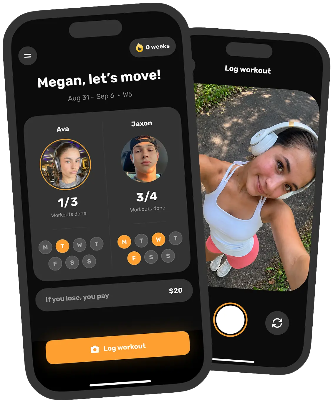 Two CoupleFit screens: the shared week with both partners' workout counts, and the camera used to log a workout.